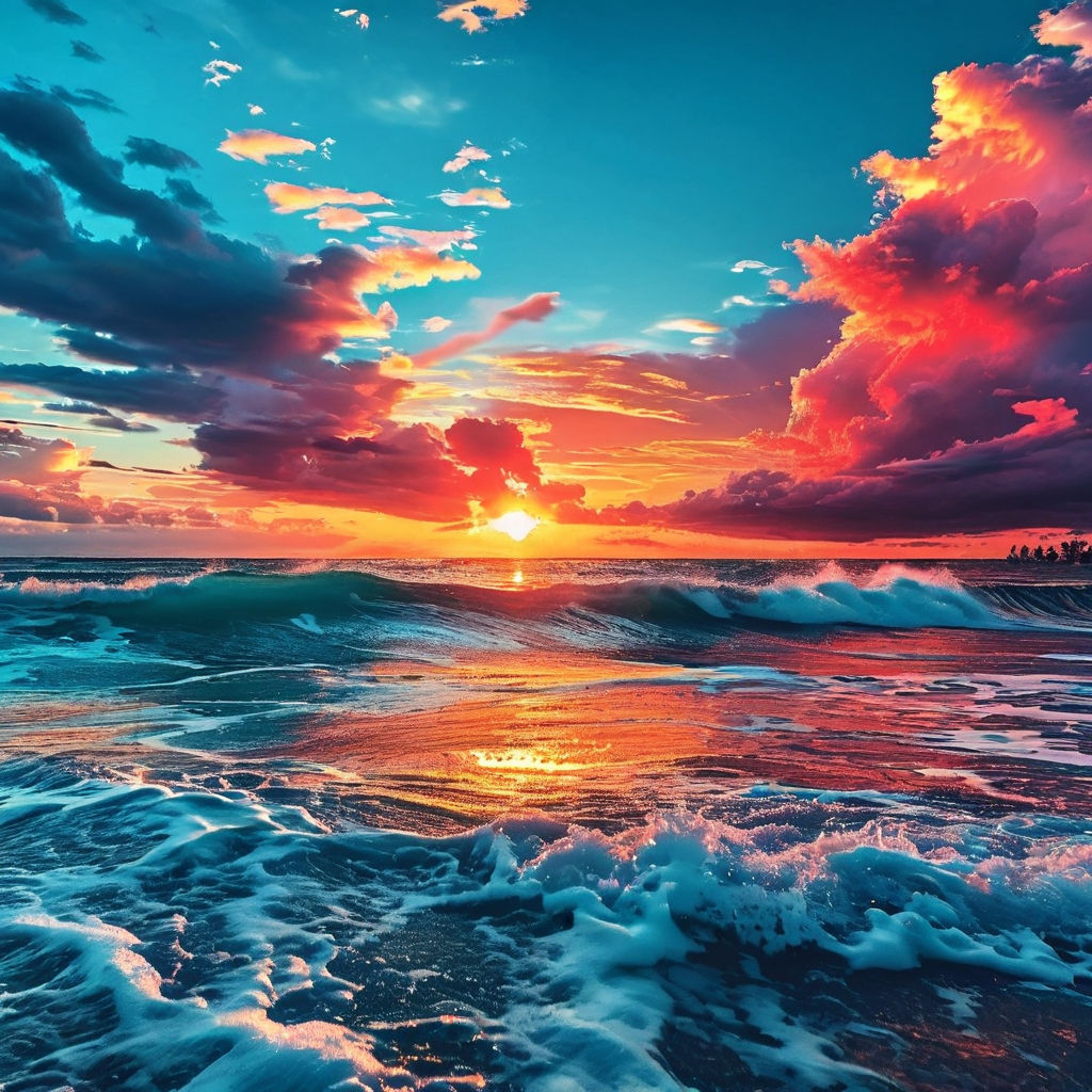 Dramatic ocean sunset with orange clouds and turquoise waves reflecting golden light