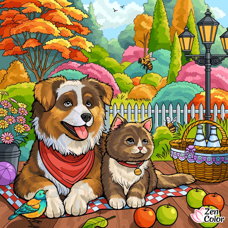 Two cartoon dogs sitting in a colorful autumn garden with orange trees, flowers, pumpkins and a lamppost