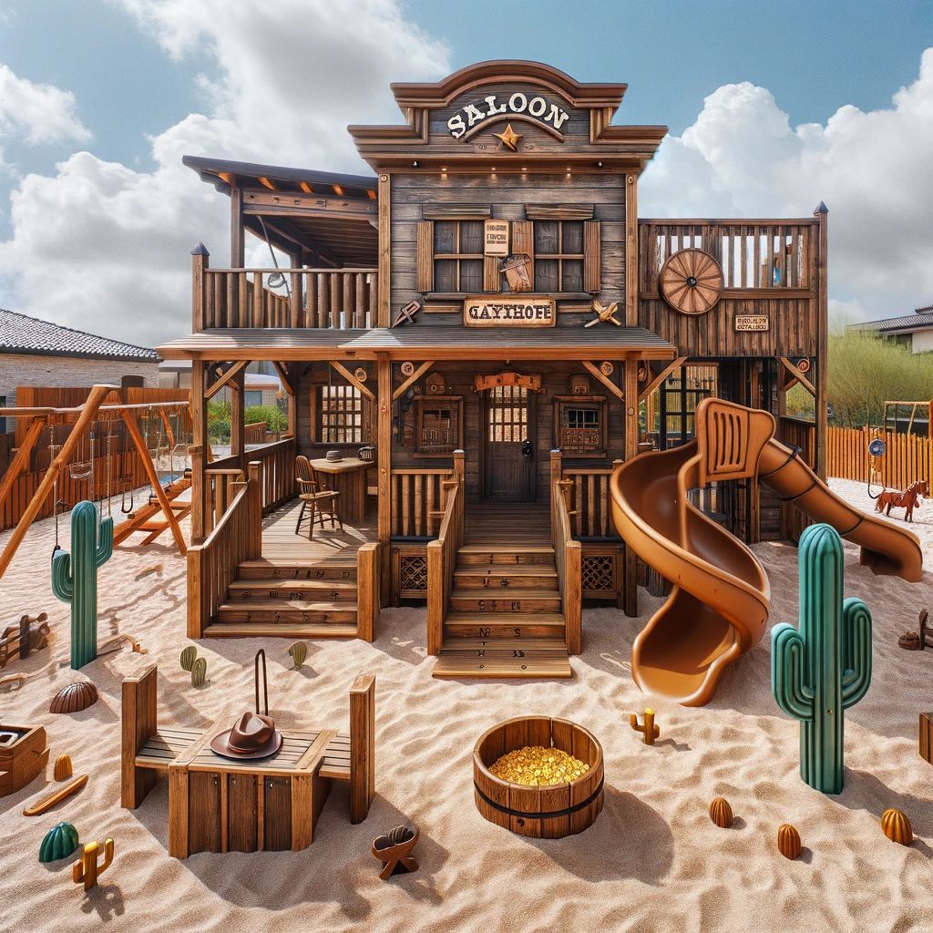Wild West saloon-themed wooden playground with slides, swings, sand, and cactus decorations