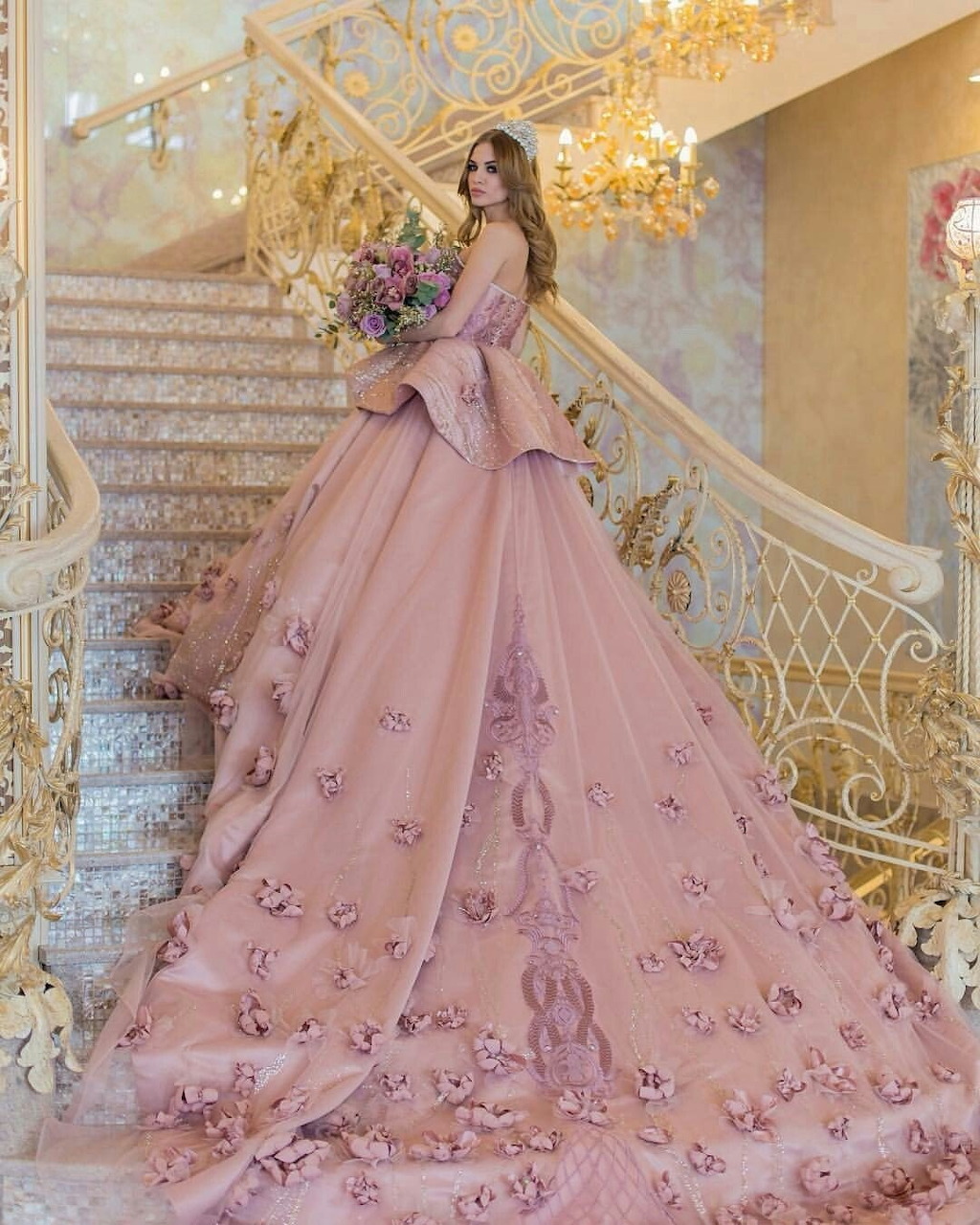 Woman in Pink Floral Ball Gown