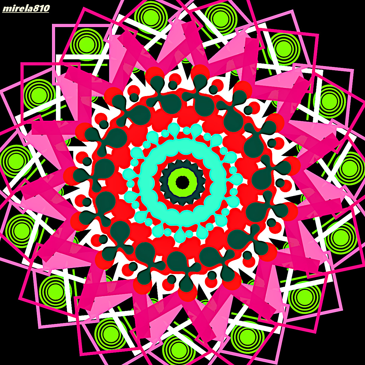 Symmetrical mandala with bright pink, turquoise, and green geometric patterns radiating from center on black
