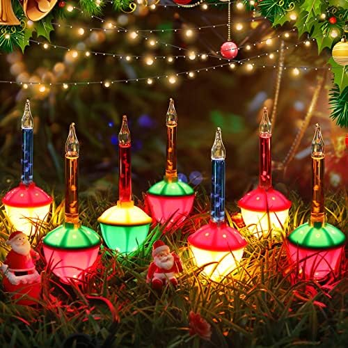 Vintage Christmas bubble lights in red, green, yellow, and blue with pine garland and ornaments