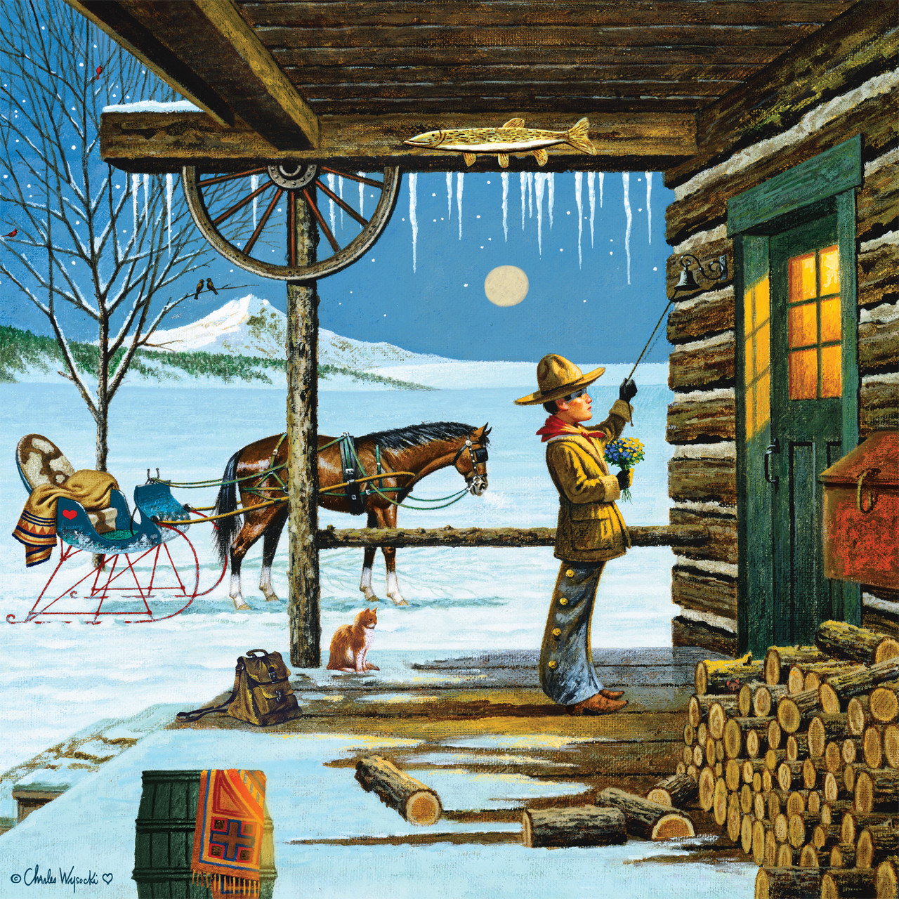 Folk art painting of couple at log cabin with horse and sled in winter snow scene