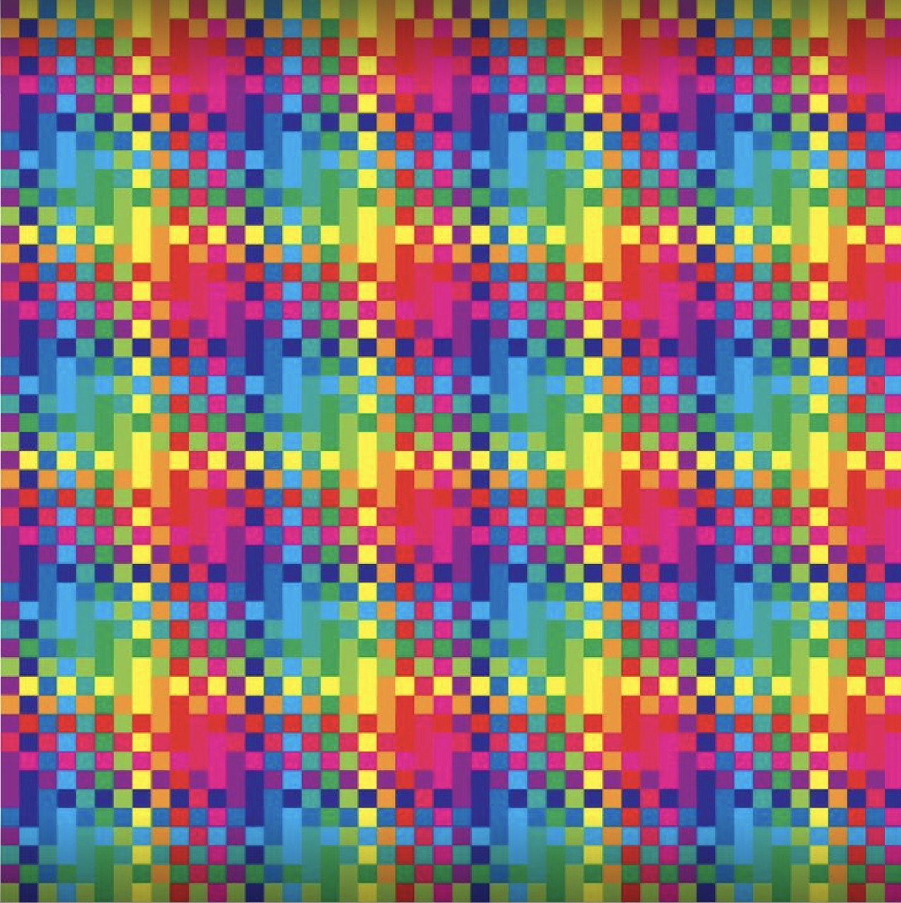 Repeating rainbow pixel mosaic pattern with geometric squares in vibrant gradients