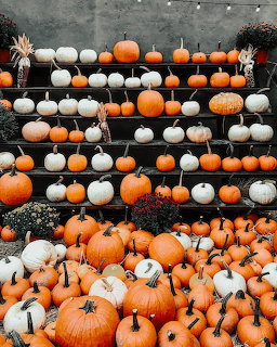 Orange and white pumpkins arranged on wooden steps with string lights overhead and more pumpkins scattered on ground