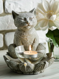 Gray stone cat candle holder with lit tea light and white flowers near a brick wall.