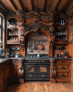 Ornate Baroque-style kitchen with carved wood cabinetry, black vintage stove, brick arch, and hanging copper pots