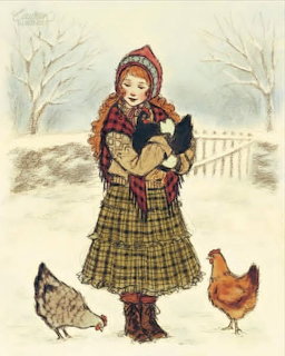 Illustration of a girl in winter clothes holding a black chicken, with two hens in a snowy yard