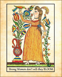 Folk art illustration of a woman in a yellow dress with flowers, a bird, and a patterned vase