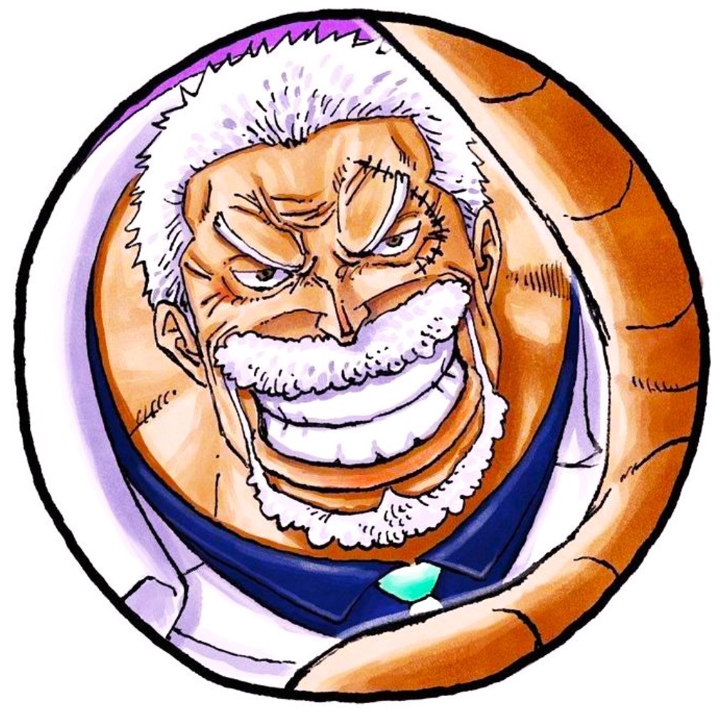 Smiling elderly anime character with white hair and beard in circular frame