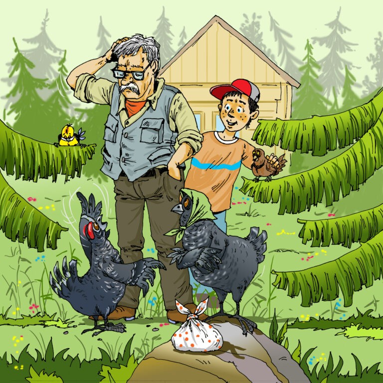Cartoon man and boy by a cabin in a pine forest with large black birds in the foreground