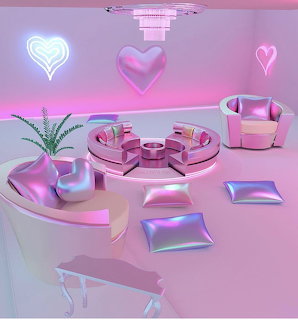 Futuristic pink room with curved sofa, neon hearts, and holographic decor in vaporwave aesthetic