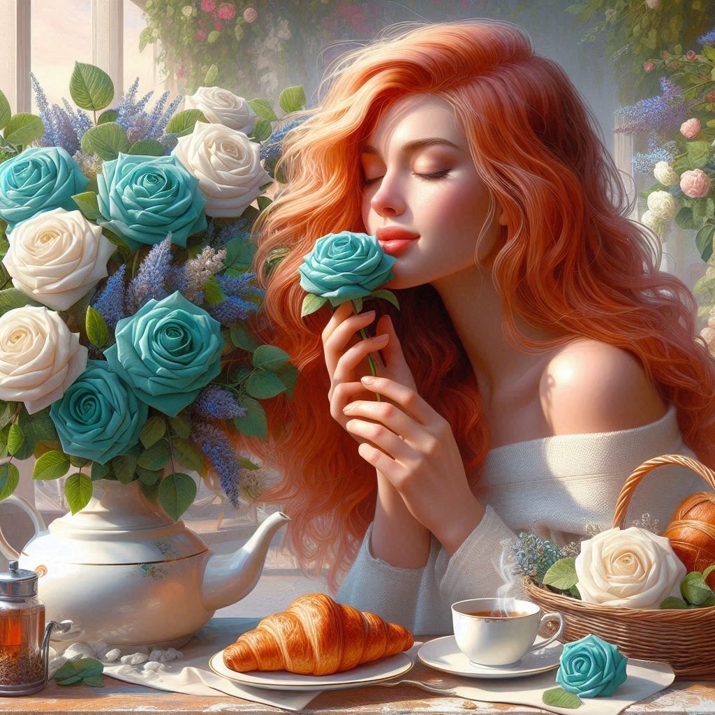 Red-haired woman in white dress holding teal rose, surrounded by flowers and tea setting