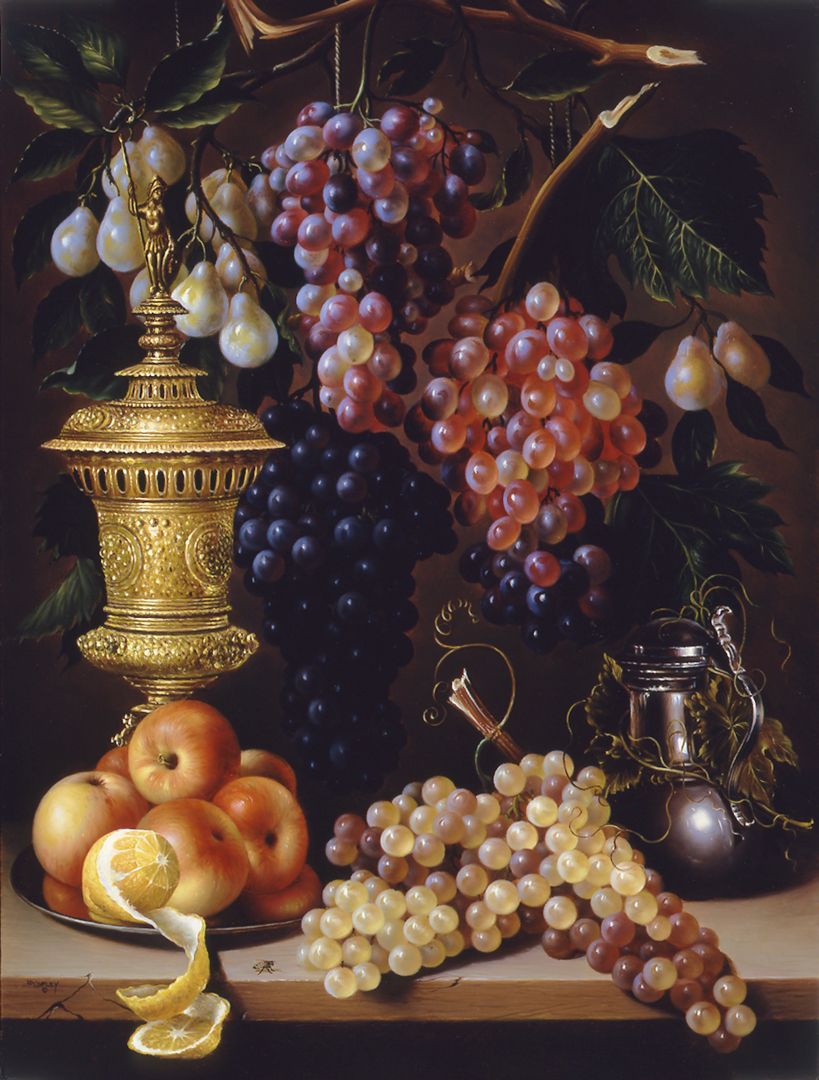 Still life painting of fruit and flowers with a bee