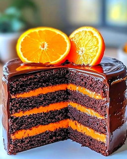 Slice of chocolate layer cake with orange filling and fresh orange slices on top