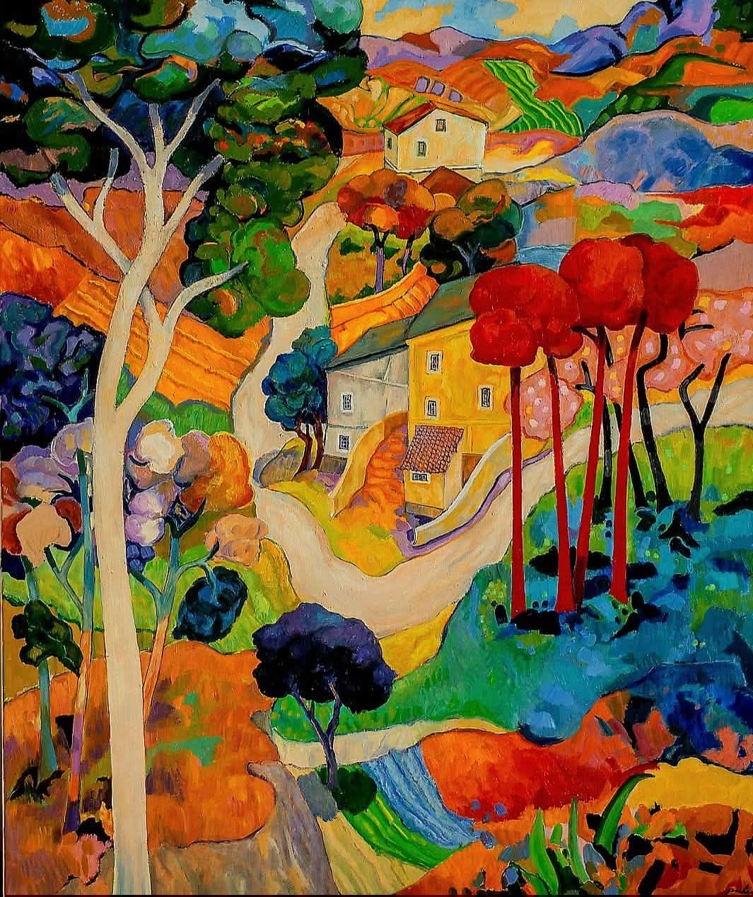 Colorful painting of a hillside village with trees, houses, and winding paths