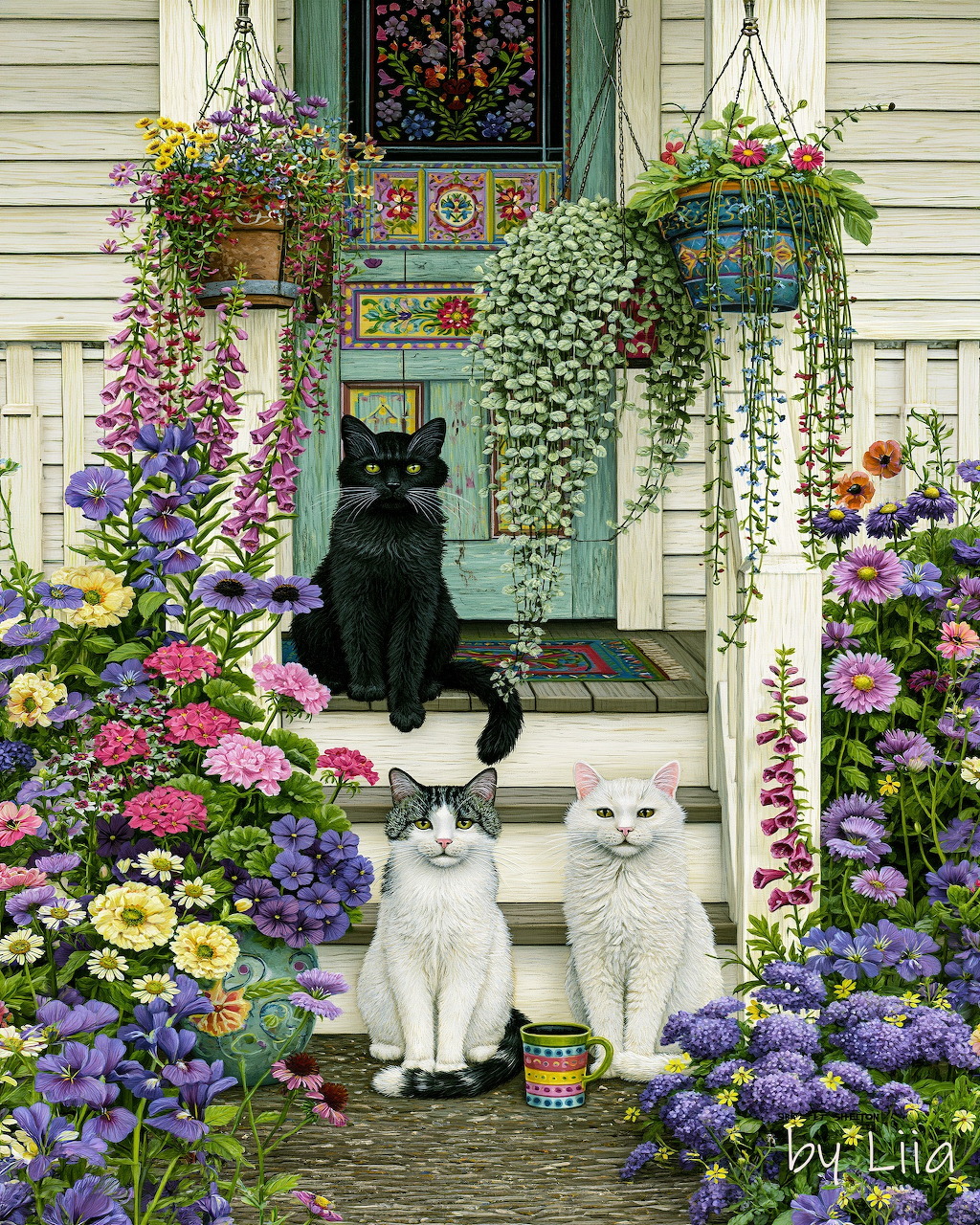 Three cats sitting on a cottage porch surrounded by colorful flowers and hanging plants