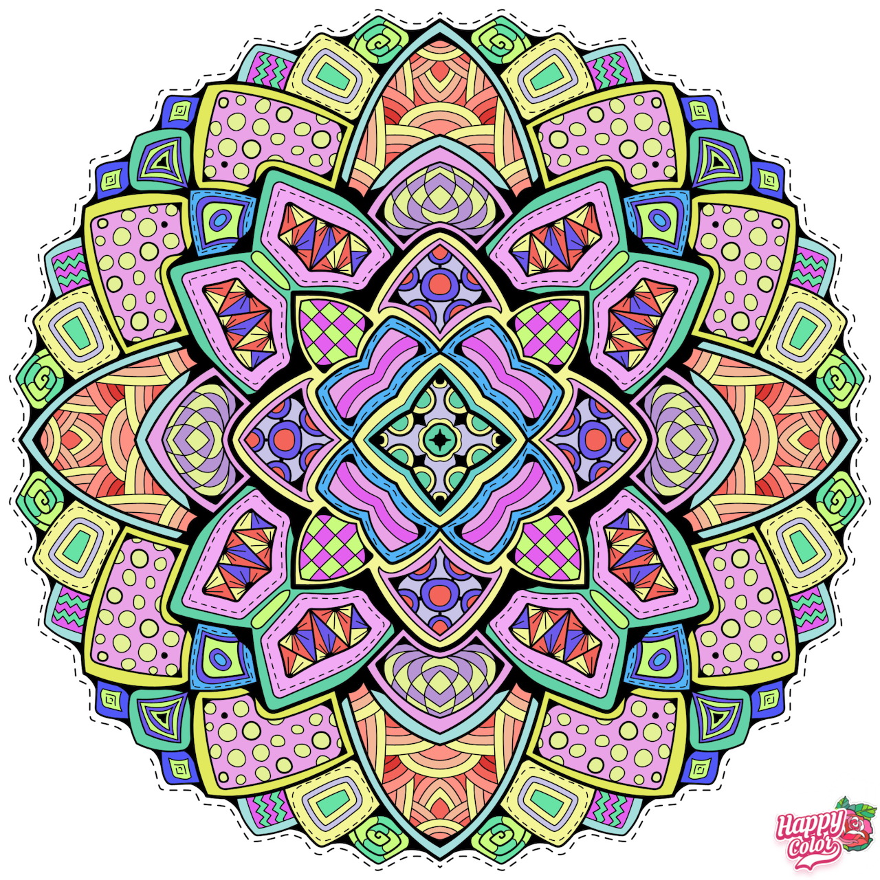 Symmetrical mandala with colorful geometric patterns and floral motifs in pink, purple, green, and orange