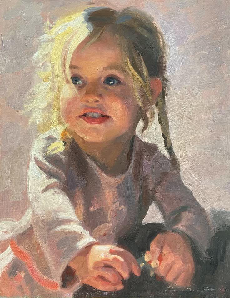 Painting of a young blonde girl with braided hair sitting in warm light