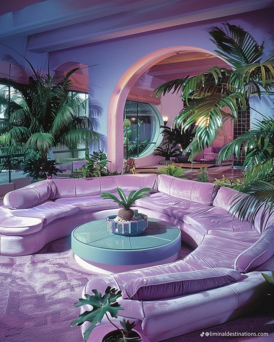 Synthwave style lounge with circular pink seating, tropical plants, and purple neon glow