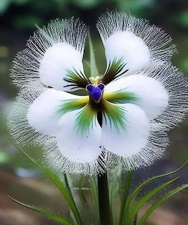 White orchid flower with fringed petals and purple center against blurred green foliage