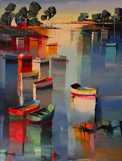 Painting of colorful small boats moored on calm water with vivid reflections at dusk