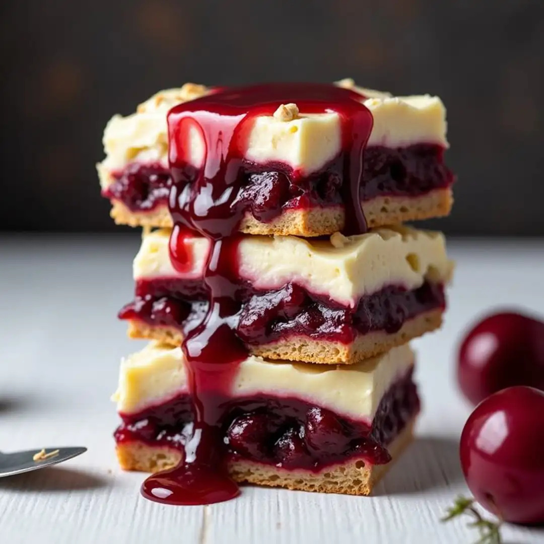 Stack of cherry cream cheese bars with cherry filling and sauce dripping down