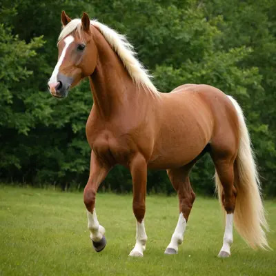 Chestnut horse with blond mane and tail standing on green grass with trees behind