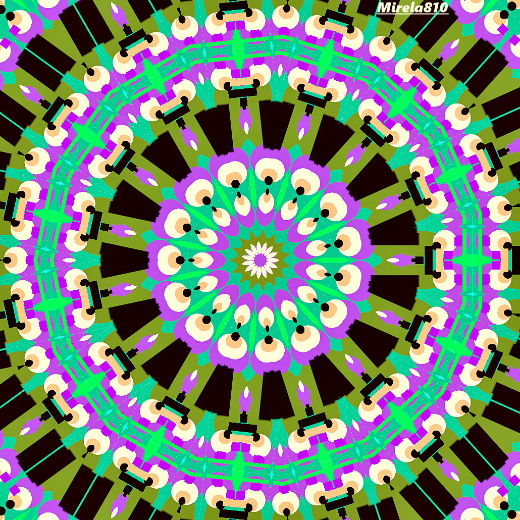 Colorful symmetrical mandala with concentric circles of pink, green, yellow and purple geometric shapes on black