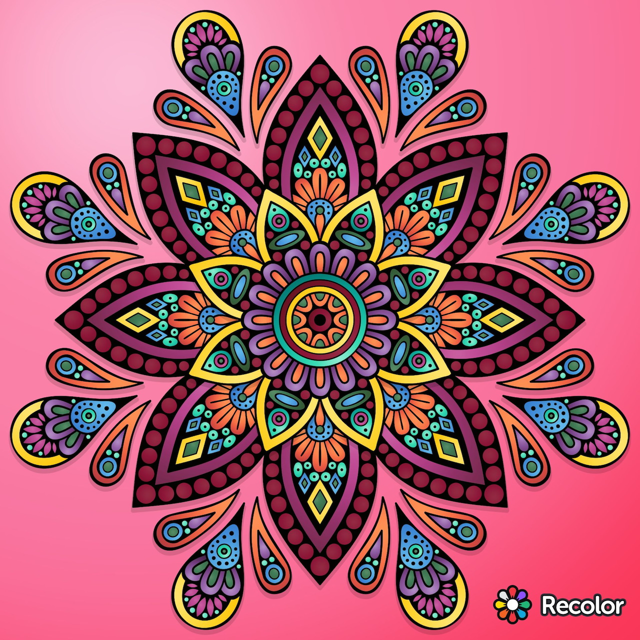 Ornate mandala with multicolored symmetrical petals on pink background