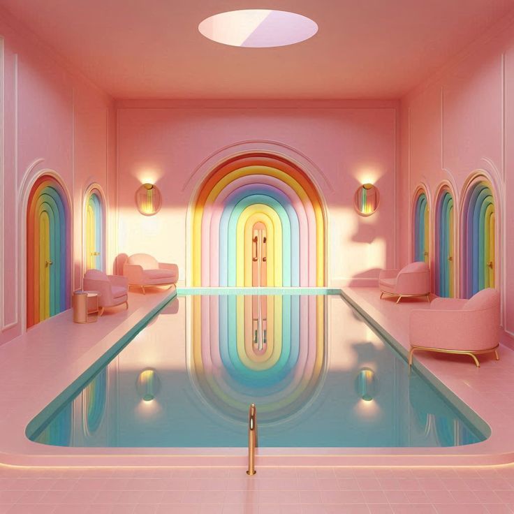 Colorful indoor pool with rainbow arches reflected in turquoise water, pink walls and seating areas