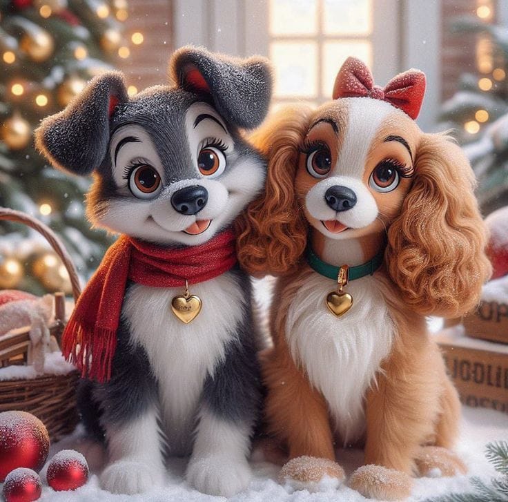 Two cute stylized puppies sitting together with Christmas lights and winter decorations