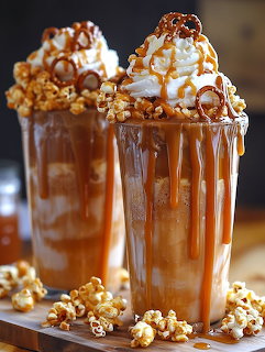 Two caramel milkshakes with whipped cream, drizzle, and popcorn garnish in tall glasses