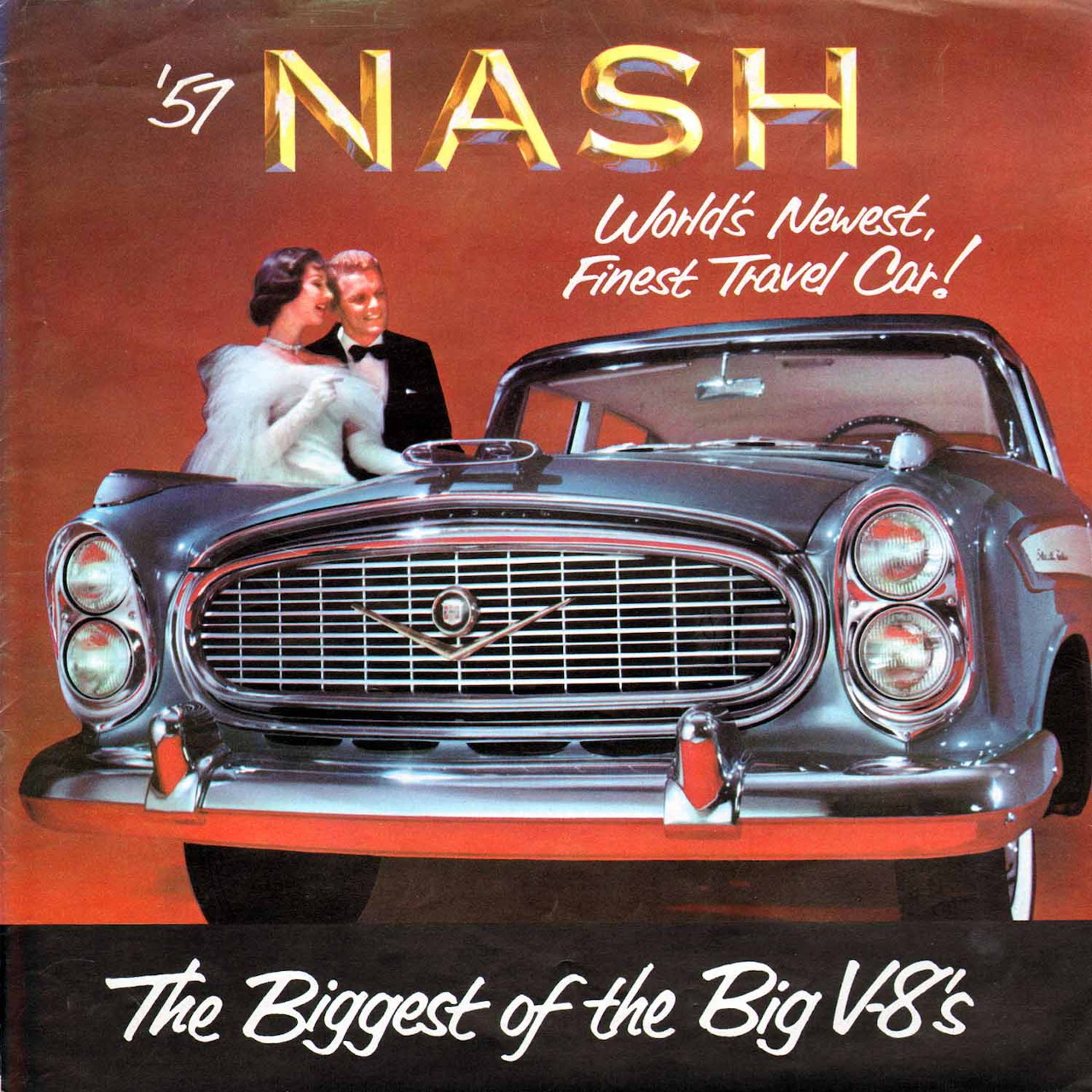 Vintage advertisement showing a 1957 Nash Ambassador car from the front with a couple standing beside it