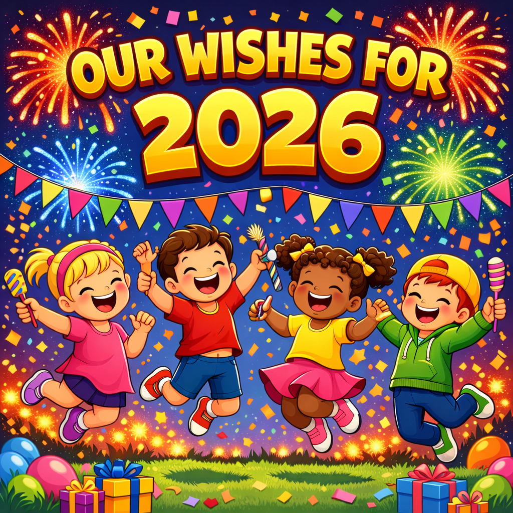 Cartoon children celebrating with fireworks, confetti, gifts, and the text Our Wishes for 2026