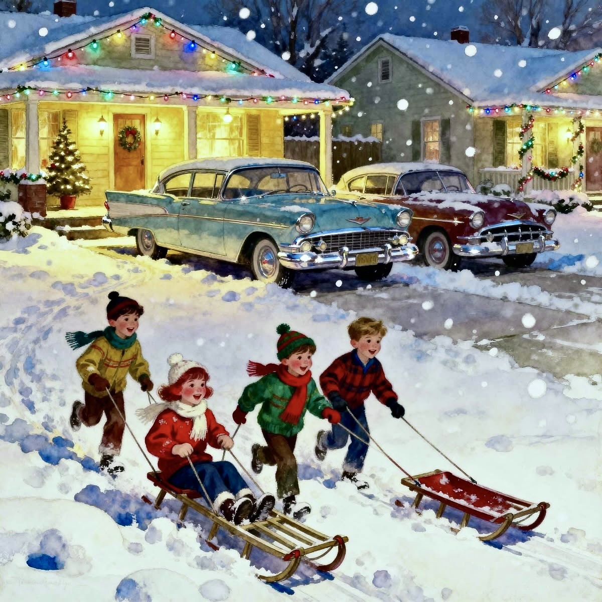 Vintage illustration of children sledding in a snowy neighborhood at night with houses and classic cars