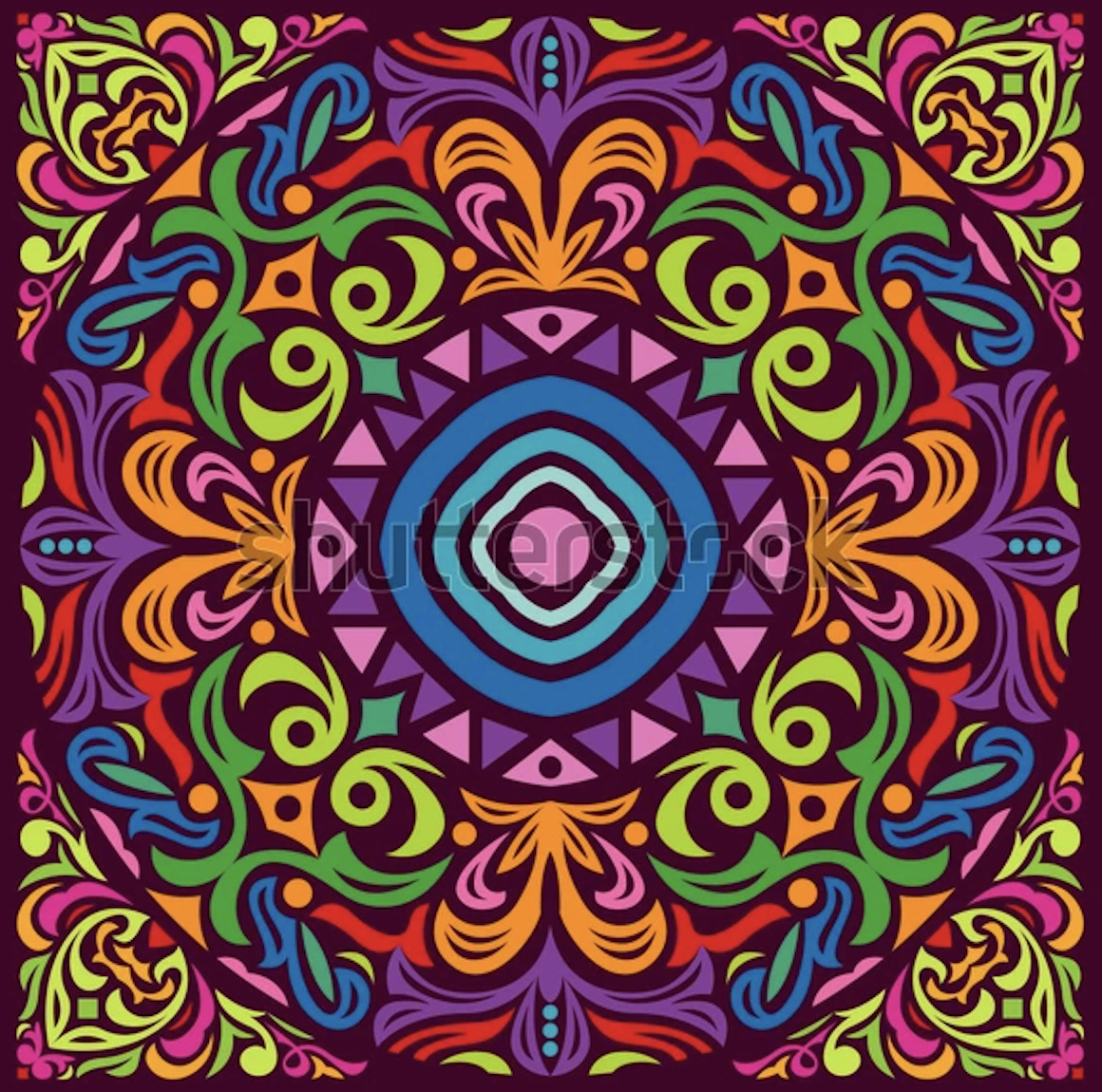Colorful symmetrical mandala with swirling patterns and central blue diamond on purple background