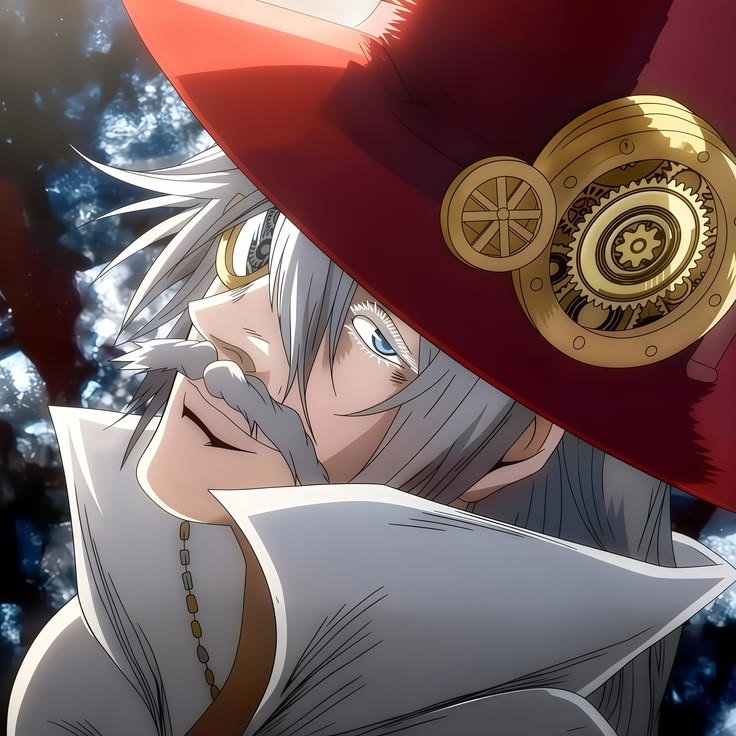 Anime character with white hair in red hat with decorative gold medallion, looking upward