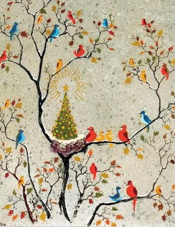 Colorful birds on bare branches surrounding a glowing Christmas tree in an illustration