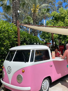 Pink and white classic VW van under palm trees at tropical resort