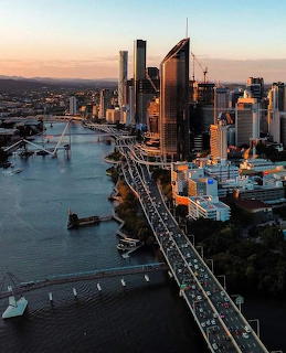 Brisbane city skyline with skyscrapers along the river