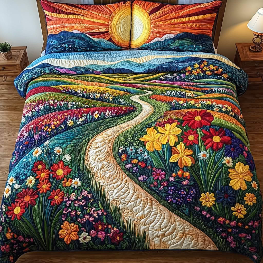 Colorful quilted bedspread with floral garden and sunset landscape design on bed