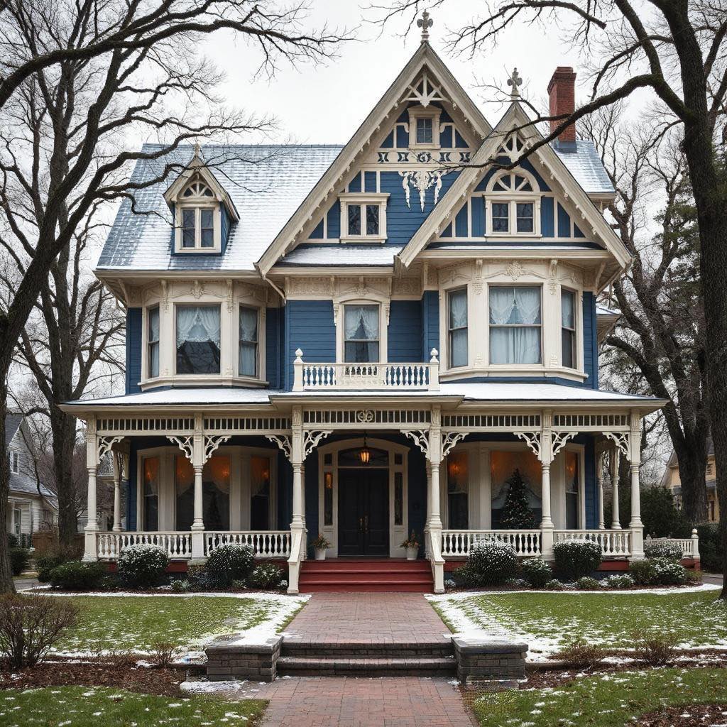 Large Victorian mansion with blue and cream trim, wraparound porch, ornate gables, and central red carpet walkway in winter