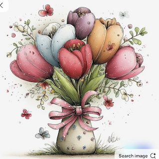 Pastel tulip bouquet illustration in a decorated vase with a pink bow and small butterflies