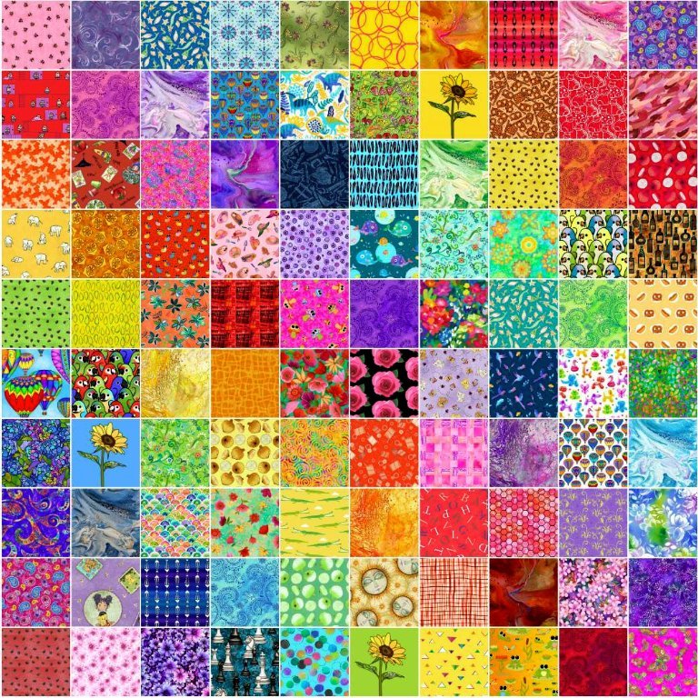 Grid of 100 colorful patchwork squares with various patterns in rainbow hues