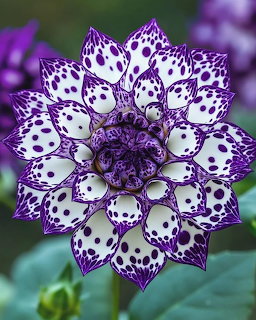 Close-up of a purple and white spotted dahlia flower with symmetrical petal arrangement