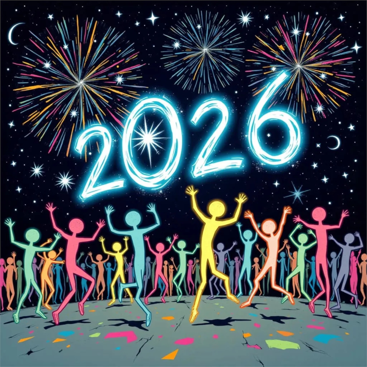 Colorful dancing figures under glowing 2026 numbers and fireworks at night