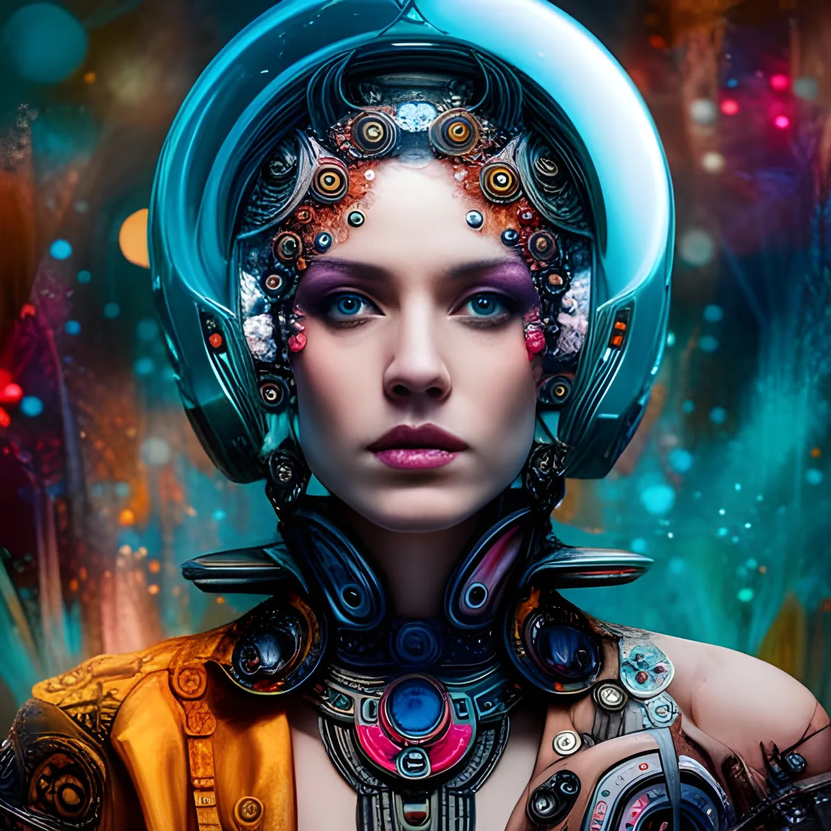 Digital portrait of woman wearing futuristic headpiece with ornate jewelry and cyberpunk styling