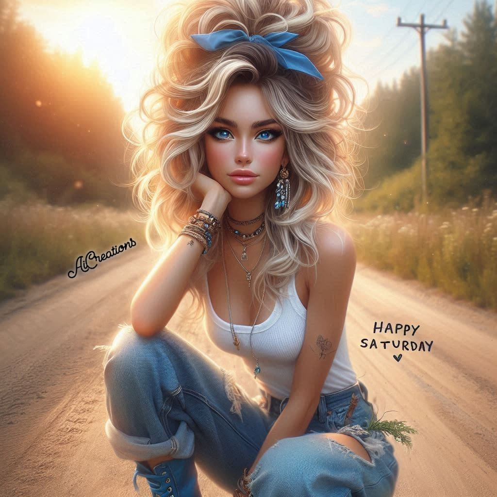 Stylized blonde woman sitting on a dirt road at sunset, wearing a white tank top and blue jeans