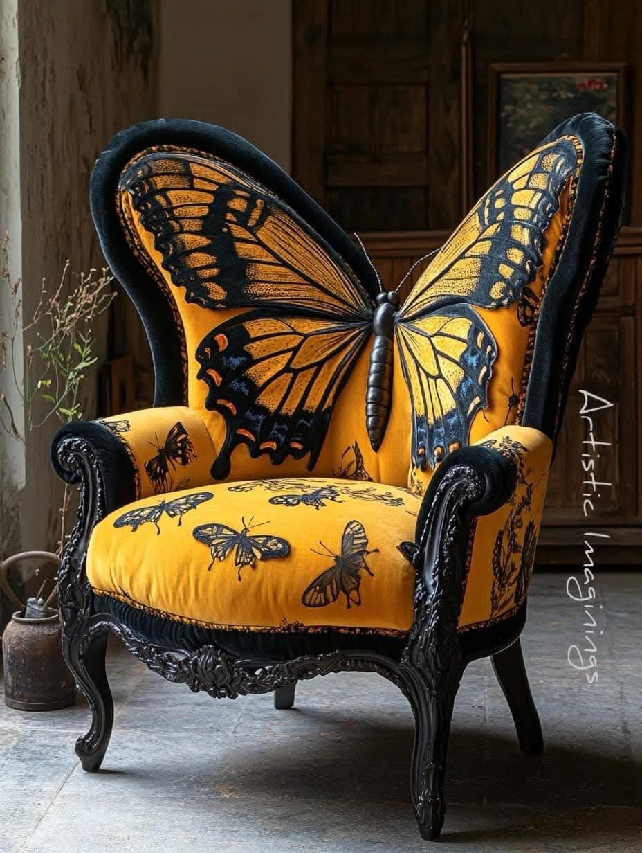 Decorative armchair designed with large monarch butterfly wings as backrest, orange and black upholstery